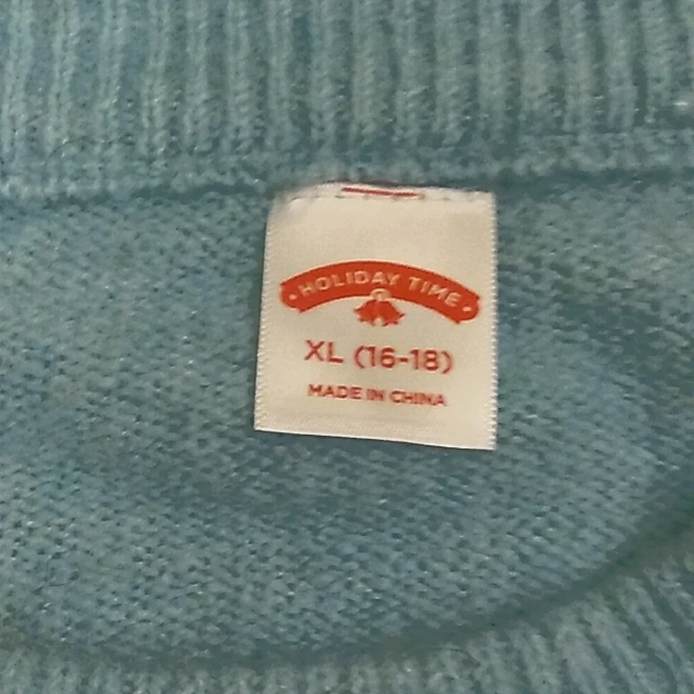 Fun, festive "Holiday Time" light blue super soft sweater with white faux fur - Picture 5 of 5